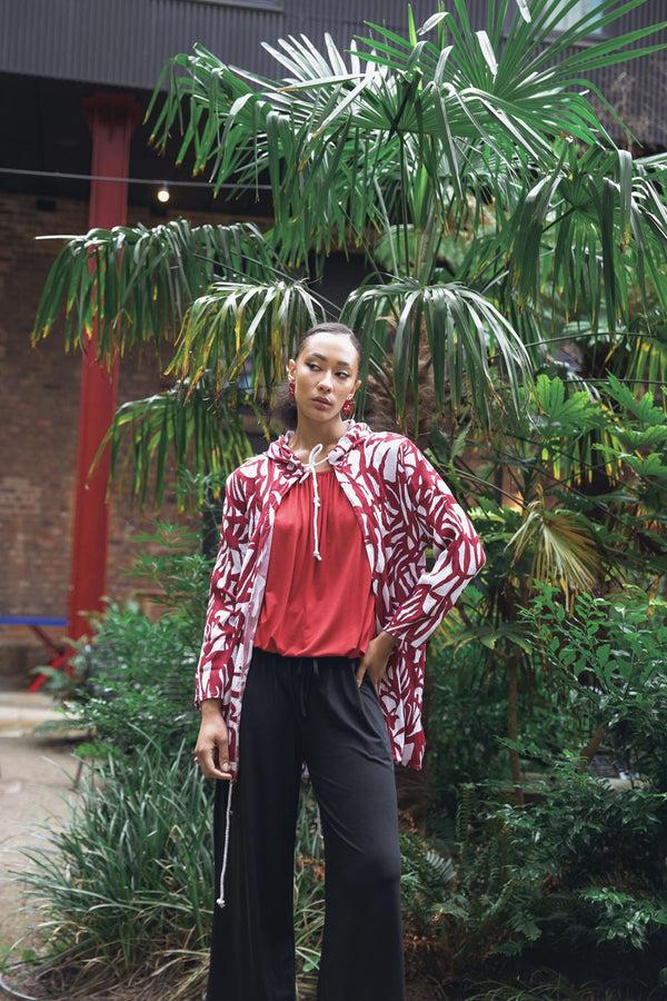 love my fashions Bold Abstract leaf Print Drawstring Tie Front Cardigan