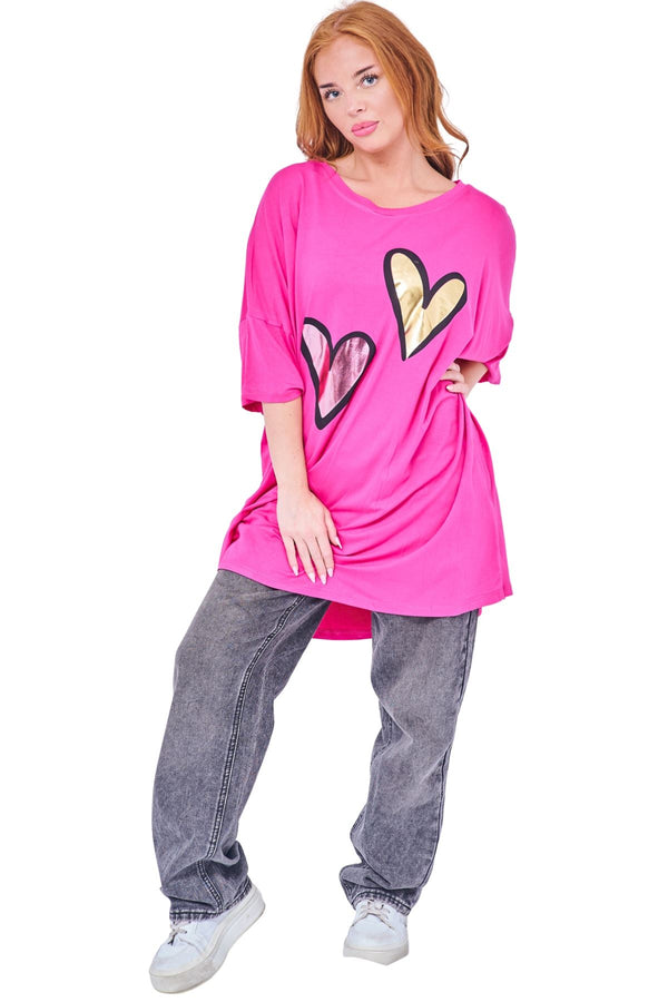 Love My Fashions Dual Metallic Foil Hearts Oversized Top