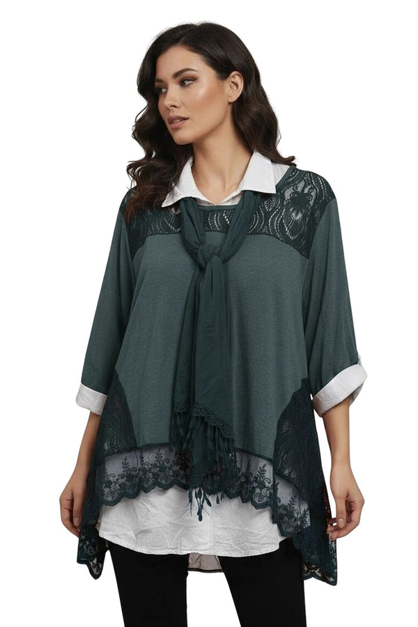 love my fashions Embroidered Floral Pattern Layered Hem Cotton Top