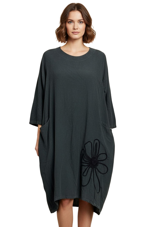 Love My Fashions Floral Embroidered Pattern Front Two Pockets Cotton Dress