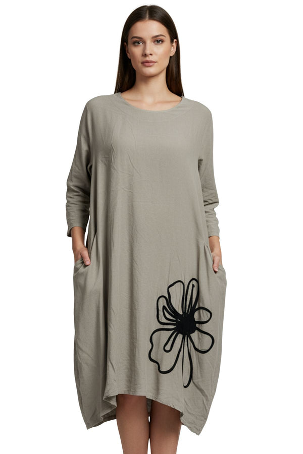 love my fashions Floral Embroidered Pattern Front Two Pockets Cotton Dress