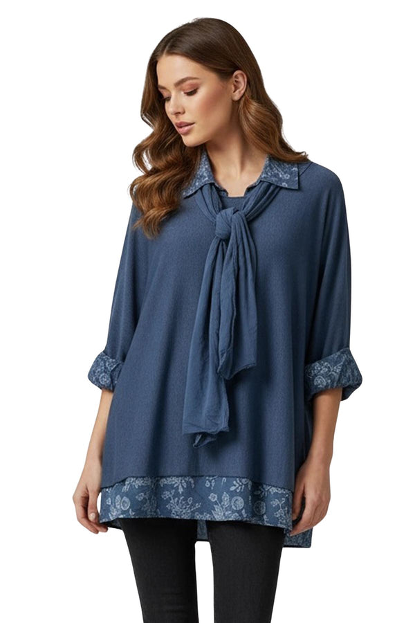 Love My Fashions Floral Print Layered Hem Matching Scarf Cotton Top