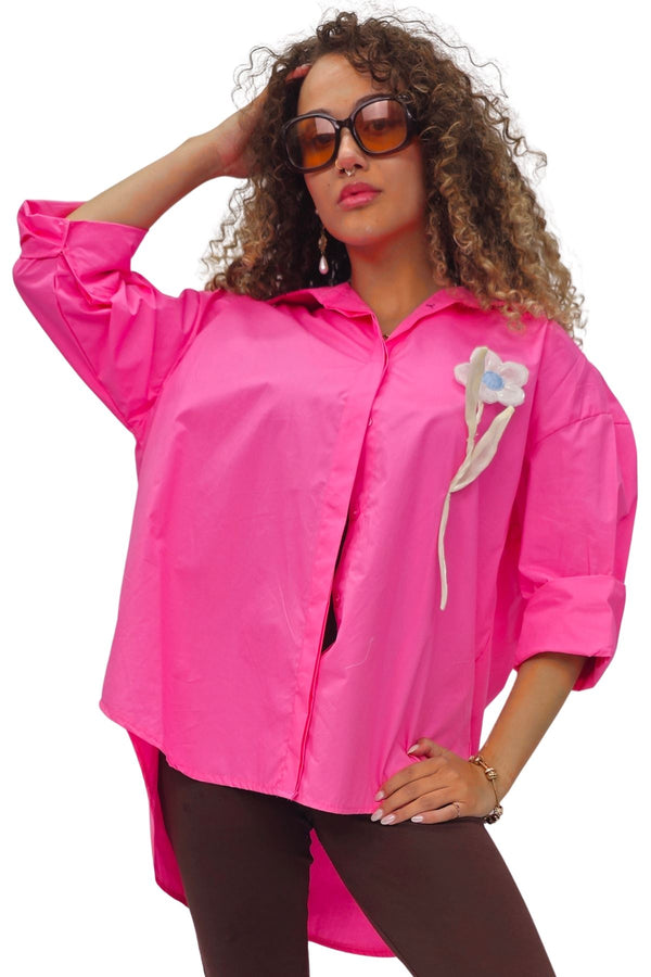 love my fashions Flower Applique Pattern High Low Hem Shirt