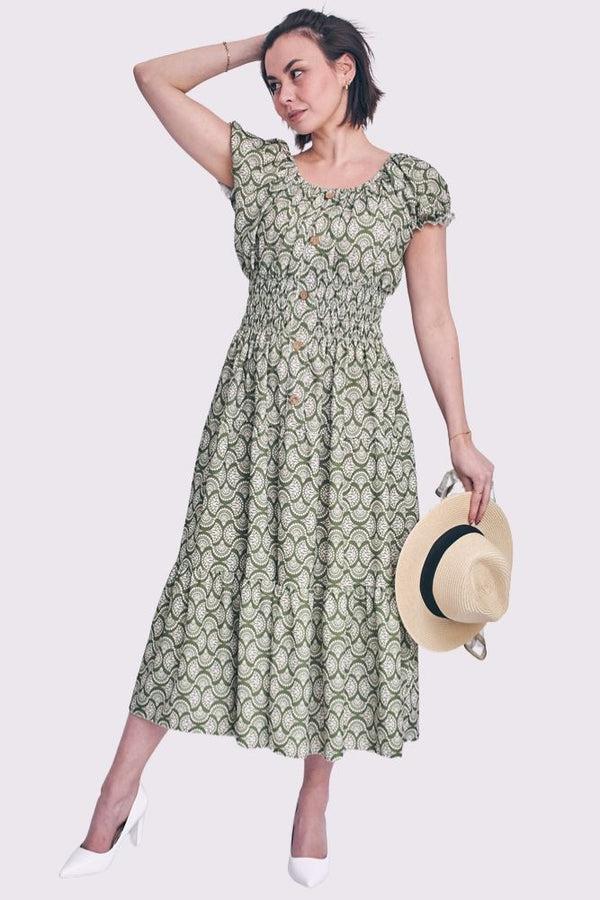 Love My Fashions Geometric Print Shirred Waist Button Details Dress