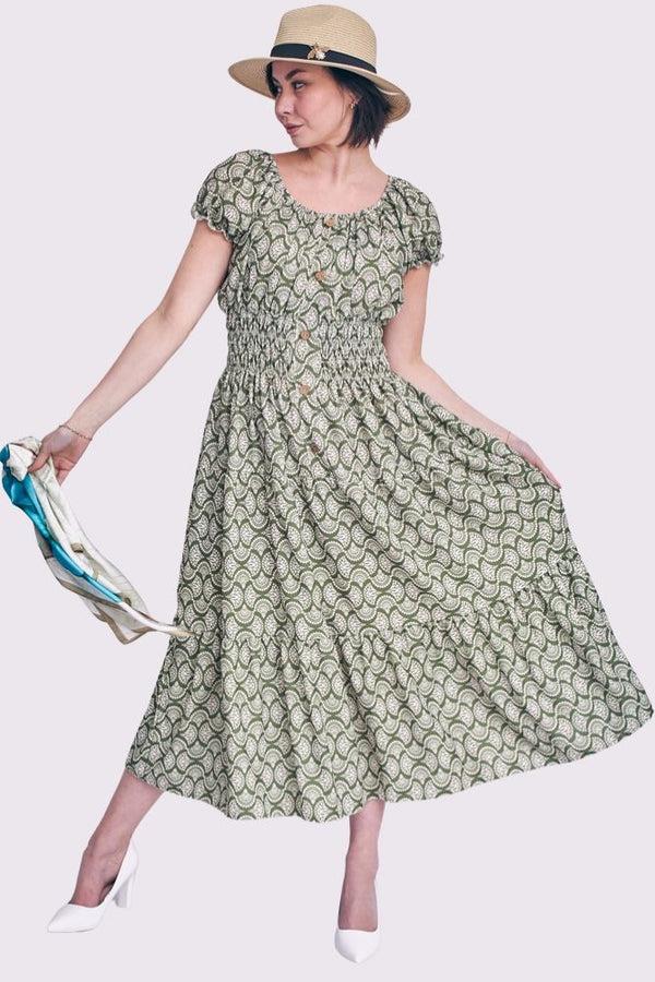 Love My Fashions Geometric Print Shirred Waist Button Details Dress