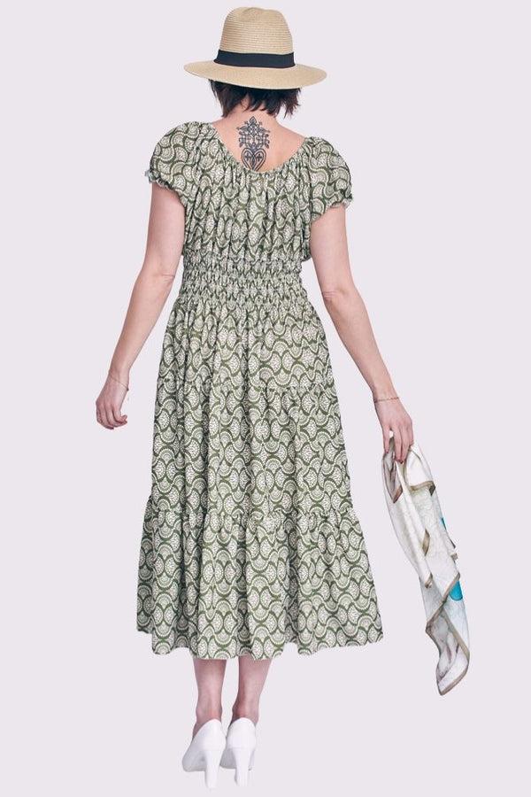 Love My Fashions Geometric Print Shirred Waist Button Details Dress