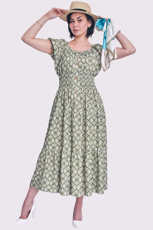 love my fashions Geometric Print Shirred Waist Button Details Dress