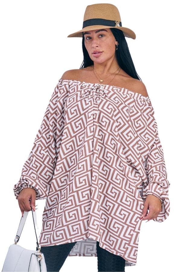Love My Fashions Greek Key Print Oversized Drawstring Neckline Top