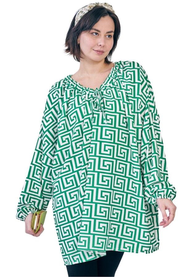 Love My Fashions Greek Key Print Oversized Drawstring Neckline Top