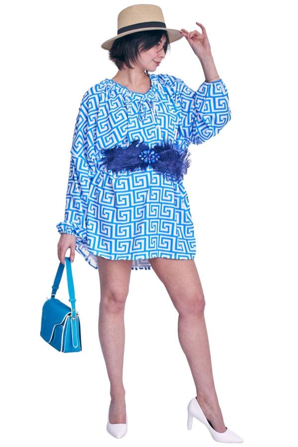 Love My Fashions Greek Key Print Oversized Drawstring Neckline Top