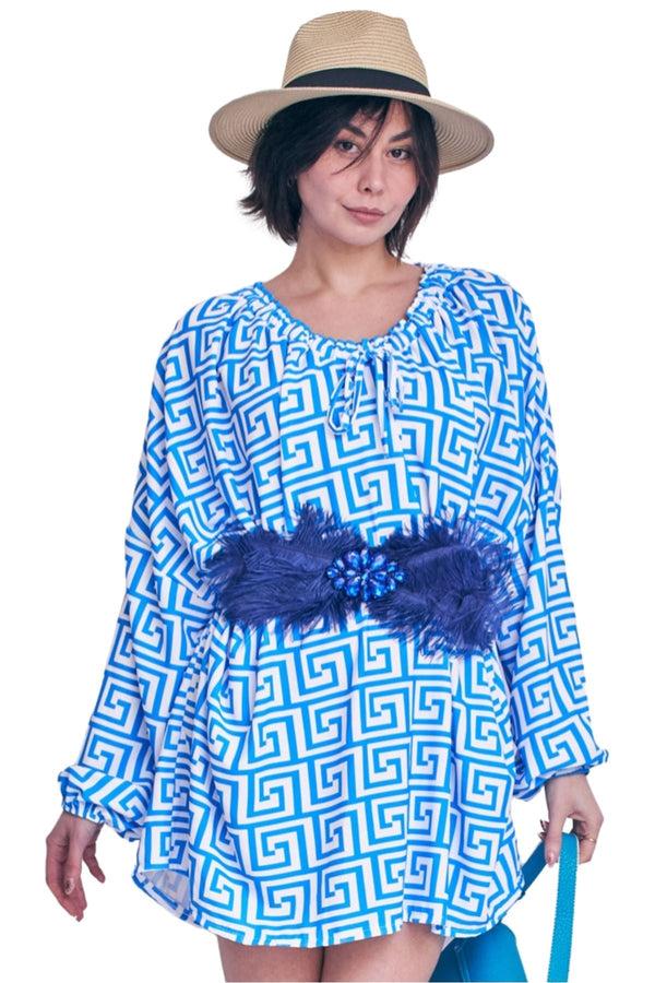 love my fashions Greek Key Print Oversized Drawstring Neckline Top
