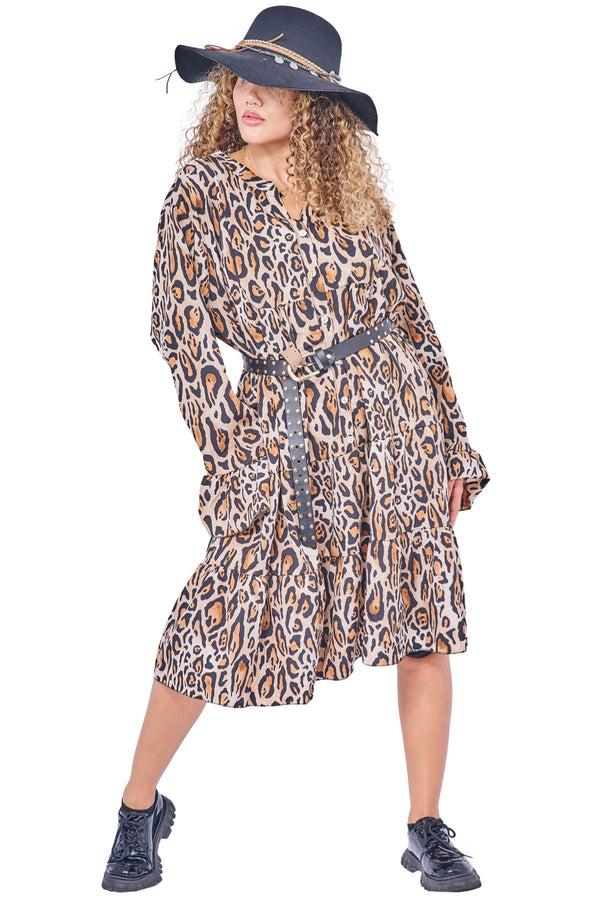 Love My Fashions Leopards Print Tiered Button-Down Dress