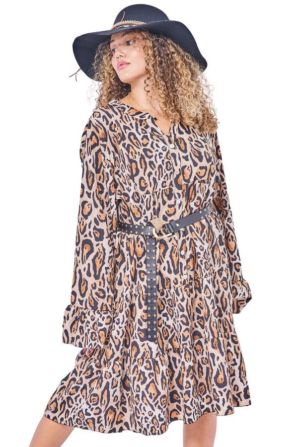 love my fashions Leopards Print Tiered Button-Down Dress