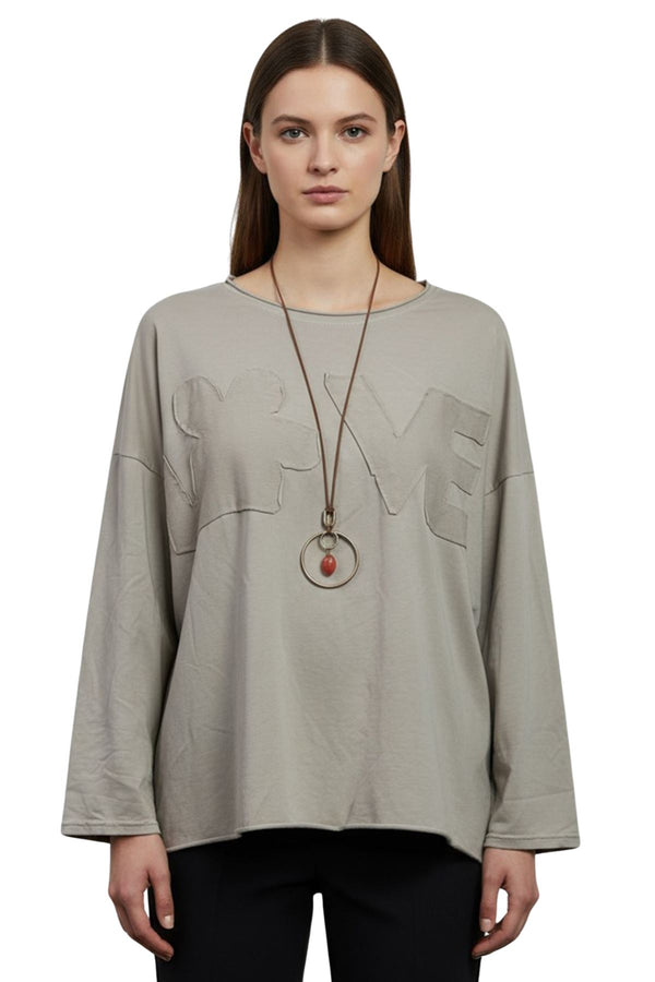 love my fashions Love Applique Texture Drop Shoulder Tunic Cotton Top
