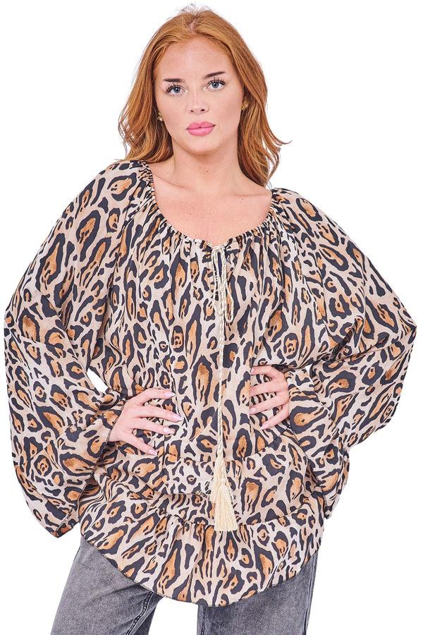 Love My Fashions Leopards Print Boho Peasant Top