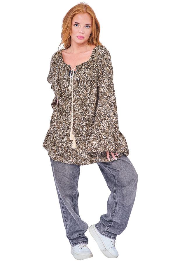Love My Fashions Leopards Print Boho Peasant Top