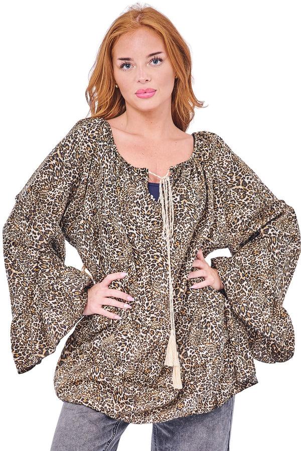 love my fashions Leopards Print Boho Peasant Top