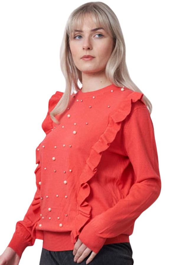 love my fashions Pearl Beaded Ruffle Knitted Top