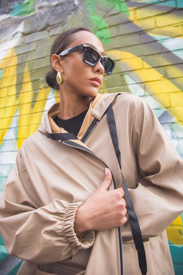 Love My Fashions Plain Front Flap Pockets Faux Leather Hooded Jacket