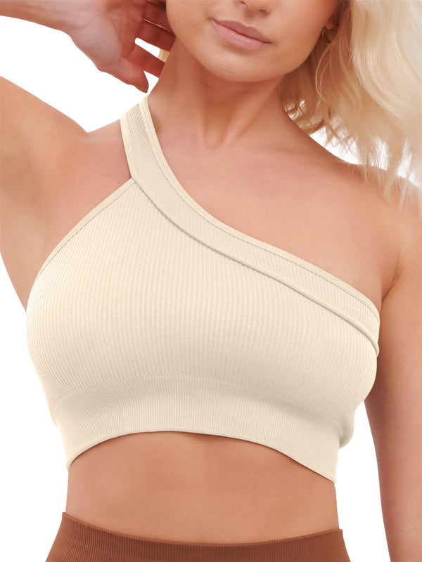 love my fashions Plain One Shoulder Seamless Ribbed Nylon Bra