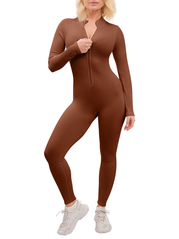 Love My Fashions Plain Ribbed Zip Up Seamless Nylon Jumpsuit