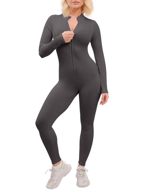 Love My Fashions Plain Ribbed Zip Up Seamless Nylon Jumpsuit