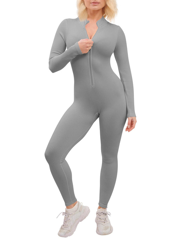 Love My Fashions Plain Ribbed Zip Up Seamless Nylon Jumpsuit