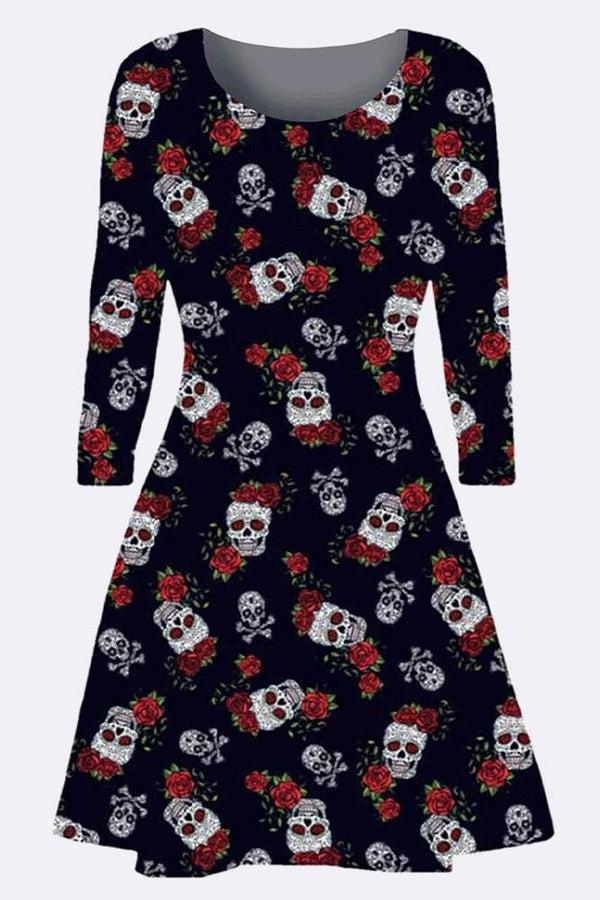 Love My Fashions Rose Skull And Bones Print Halloween Dress