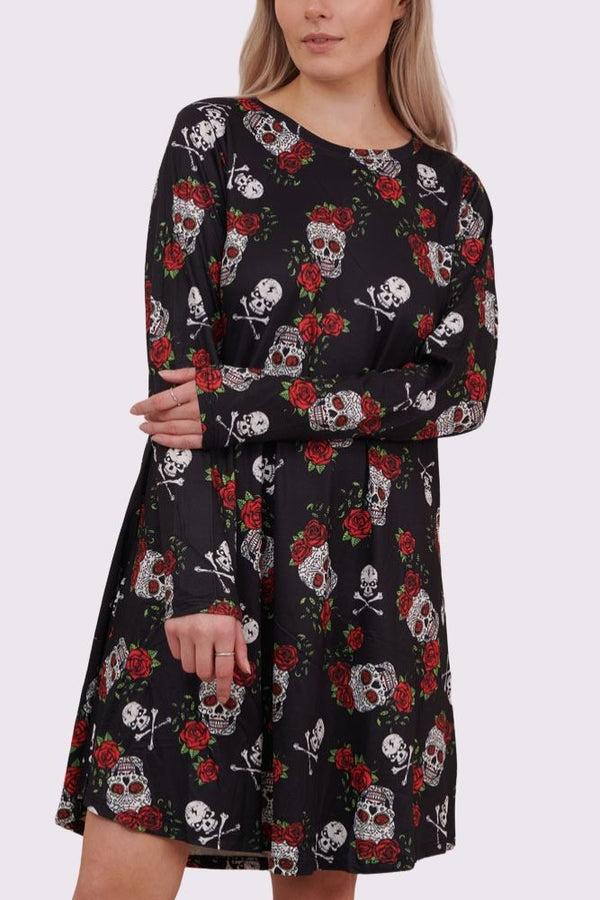 love my fashions Rose Skull And Bones Print Halloween Dress