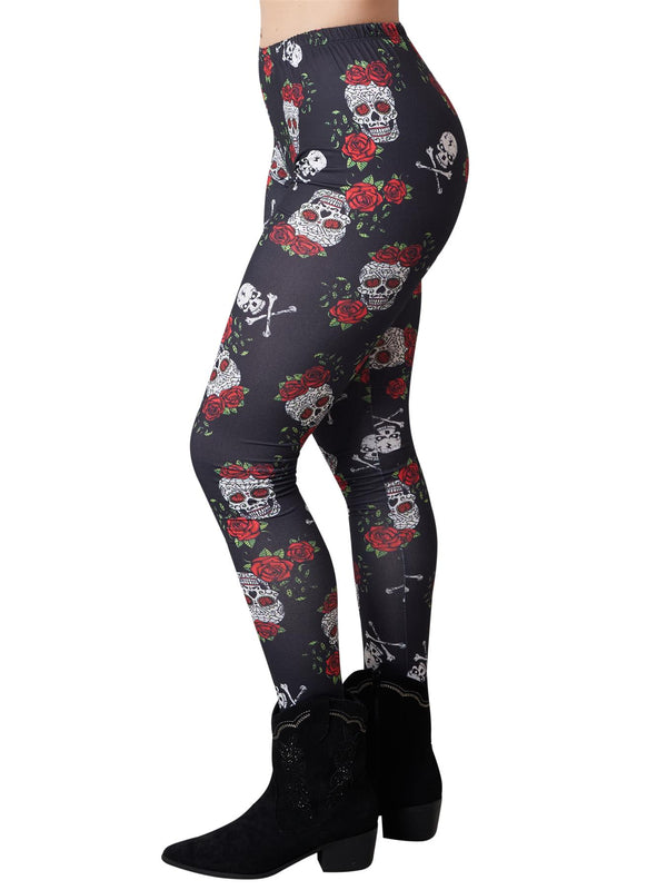 Love My Fashions Rose Skull And Bones Print Halloween Leggings