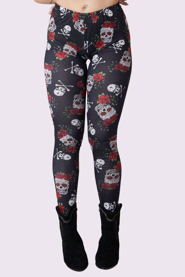 love my fashions Rose Skull And Bones Print Halloween Leggings