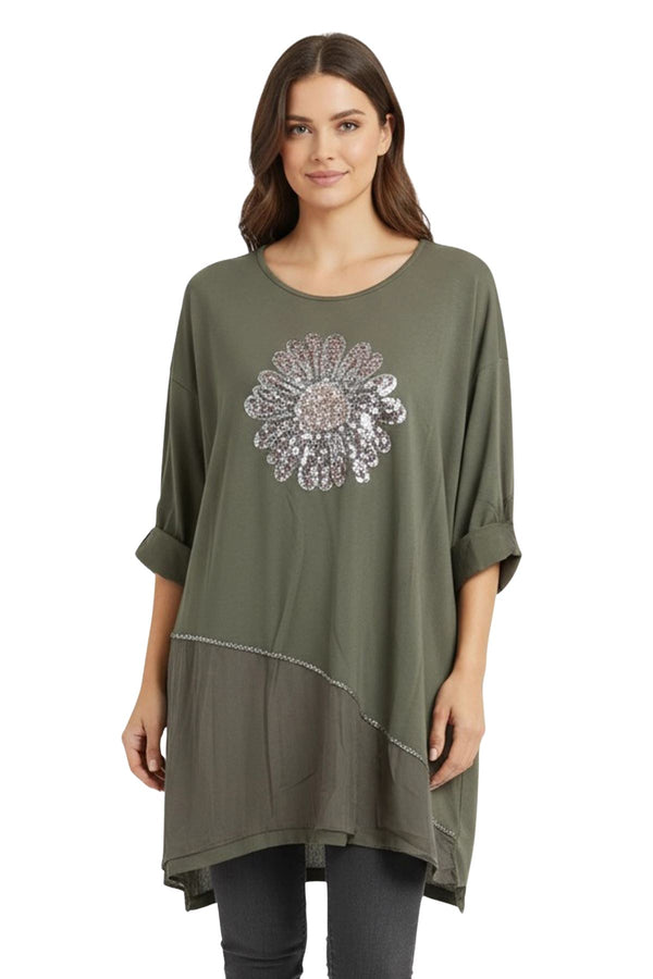 Love My Fashions Sequin Floral Pattern Oversized Cotton Top