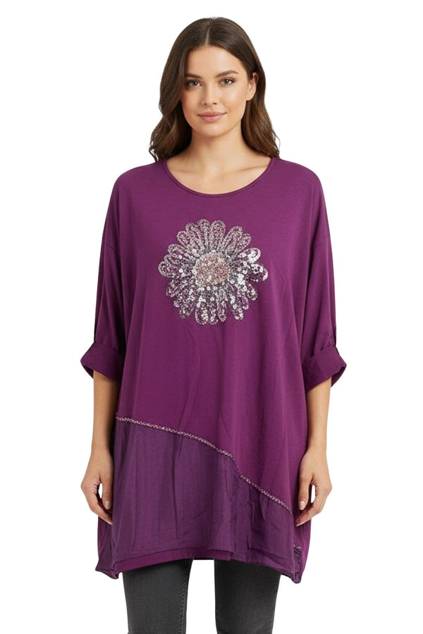 Love My Fashions Sequin Floral Pattern Oversized Cotton Top