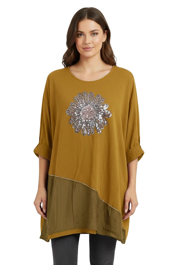 Love My Fashions Sequin Floral Pattern Oversized Cotton Top