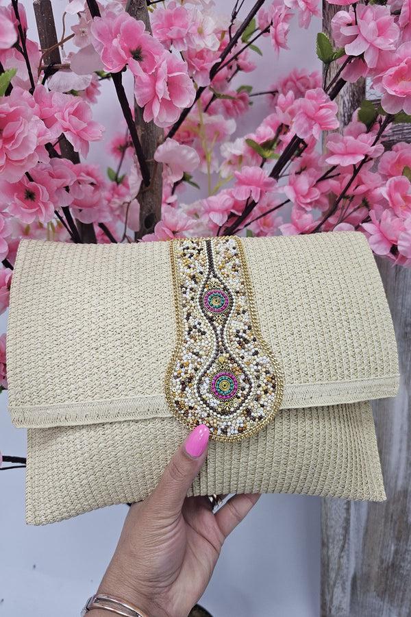 Love My Fashions Straw Beaded Flap Adjustable Strap Clutch Bag