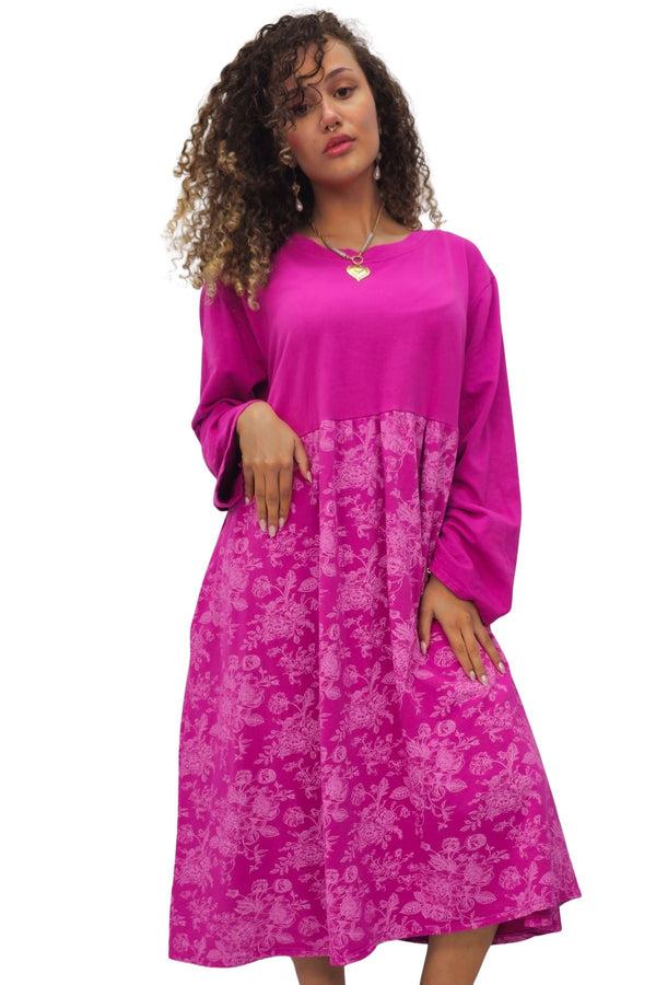 Love My Fashions Two Tone Floral Print Baggy Long Style Cotton Dress