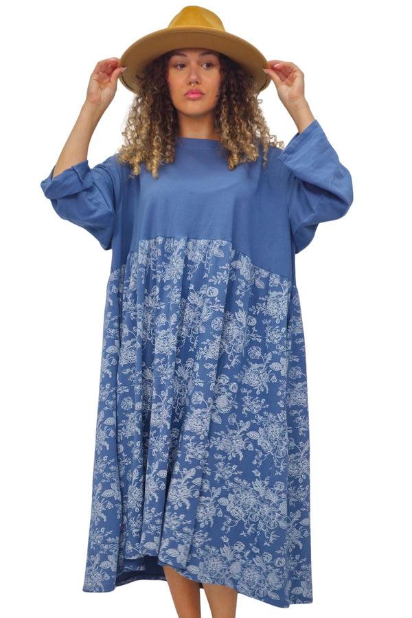 Love My Fashions Two Tone Floral Print Baggy Long Style Cotton Dress