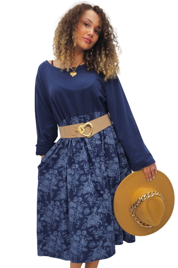 Love My Fashions Two Tone Floral Print Baggy Long Style Cotton Dress