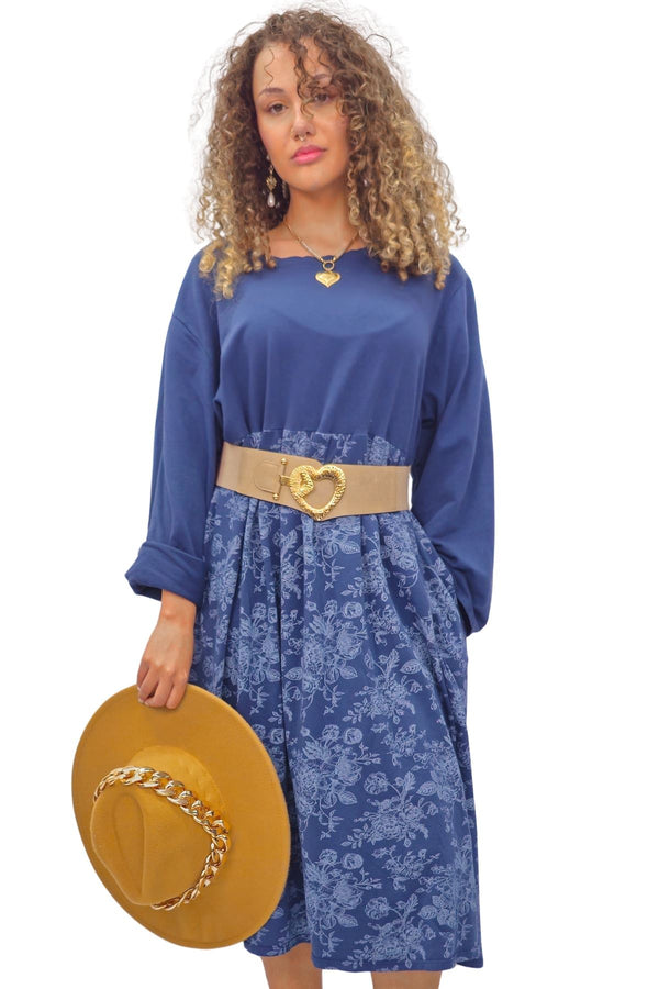 love my fashions Two Tone Floral Print Baggy Long Style Cotton Dress