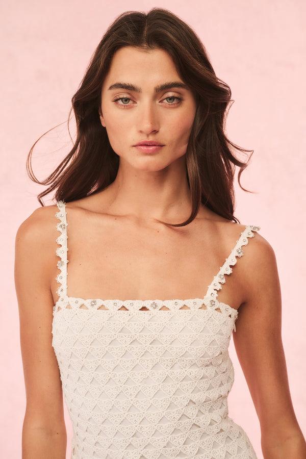 Loveshackfancy Camara Rhinestone Cotton Lace Mini Dress