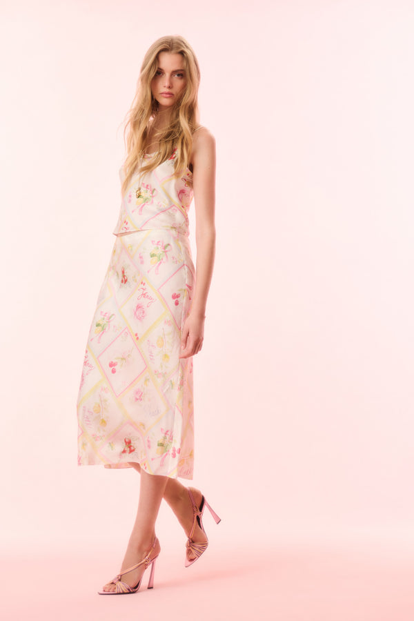 loveshackfancy Castle Silk-Blend Fruit Print Midi Skirt