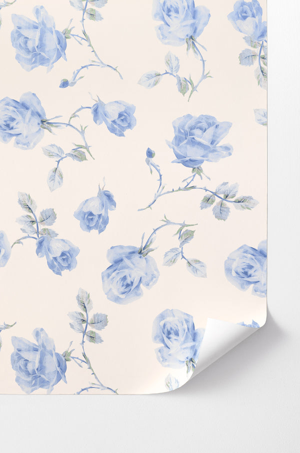 loveshackfancy French Blue Ribbon Rosa Peel and Stick Wallpaper
