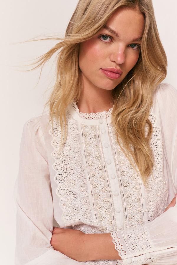 Loveshackfancy Larine Pearl-Embellished Cotton Blouse