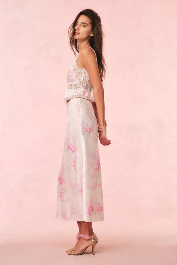 Loveshackfancy Castle Satin Floral Maxi Skirt