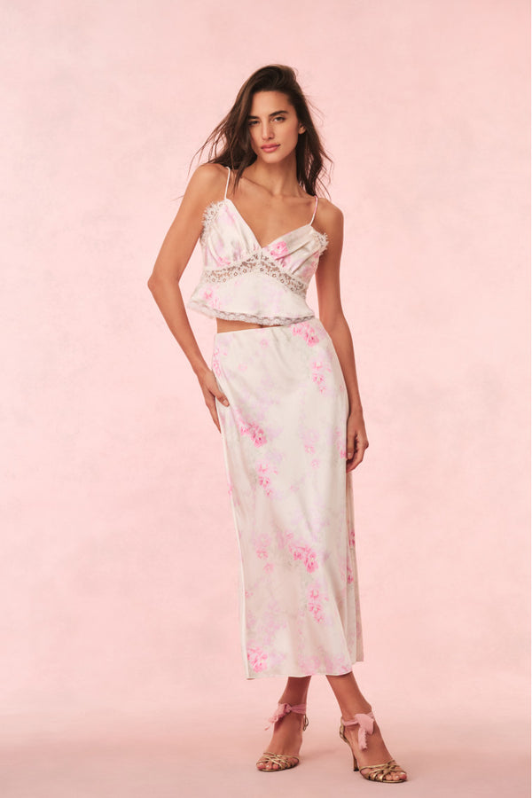 Loveshackfancy Castle Satin Floral Maxi Skirt