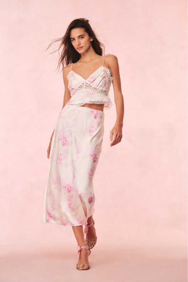 loveshackfancy Castle Satin Floral Maxi Skirt