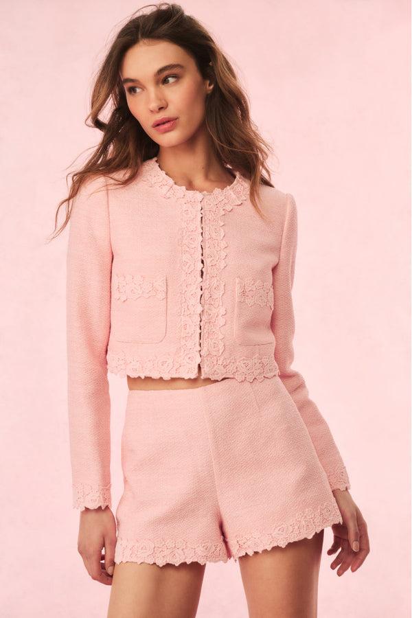 Loveshackfancy Coralyn Tweed Lace-Trimmed Shorts