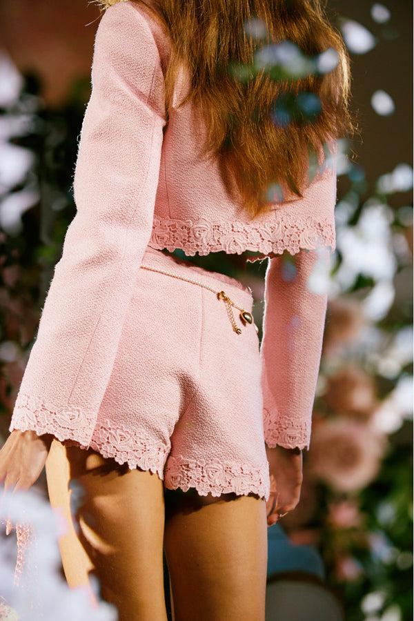 Loveshackfancy Coralyn Tweed Lace-Trimmed Shorts