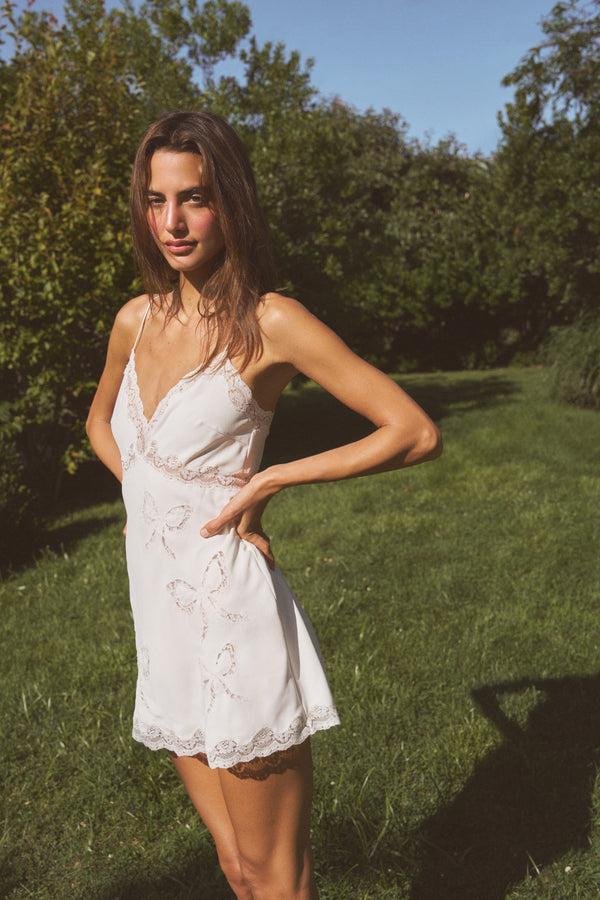 Loveshackfancy Cori Crepe Lace Bow Mini Dress