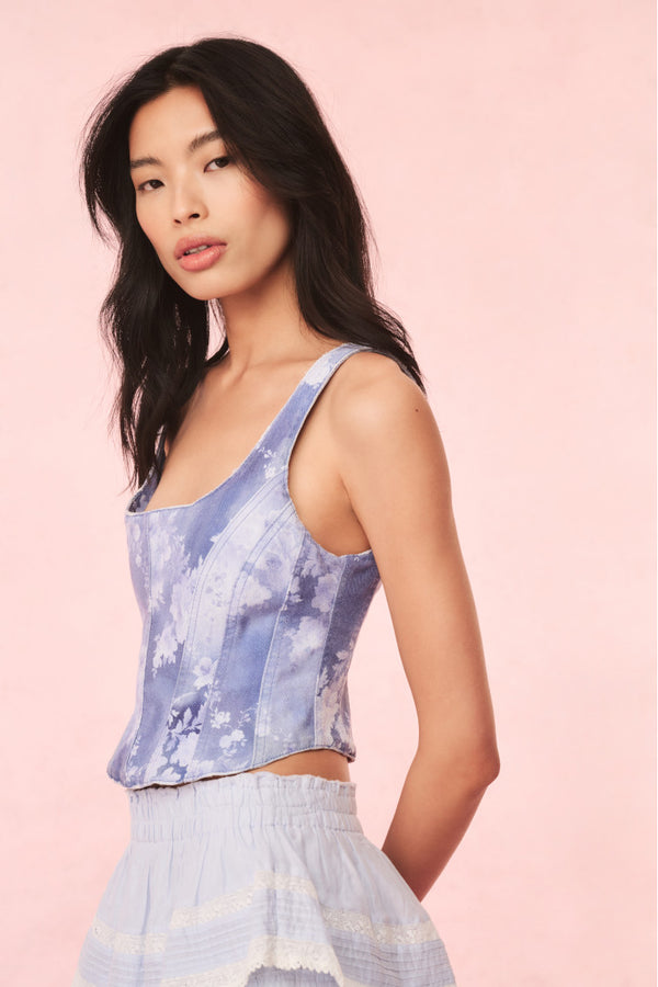 Loveshackfancy Emika Floral Denim Bustier Top